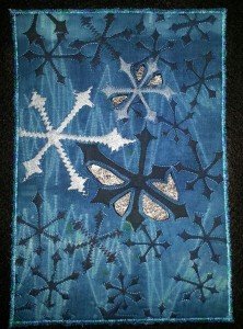 This untitled piece is 10'' x 7'' and will travel as part of the Studio Art Quilt Associates next trunk show.  It is hand-dyed, screen printed, and embellished with painted fusible web.