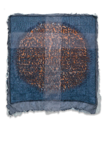 The Beautiful Son, hand-dyed, hand-worked liturgical linen (maker unknown), layered and quilted with the names of African American boys and men killed at the hands of police, and burned. 